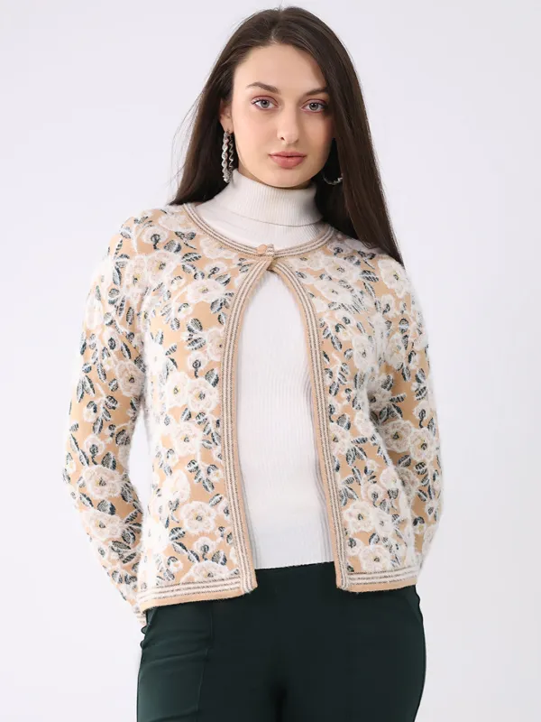 Women Beige Printed Round Neck Full Sleeve Cardigan sold by Monte Carlo