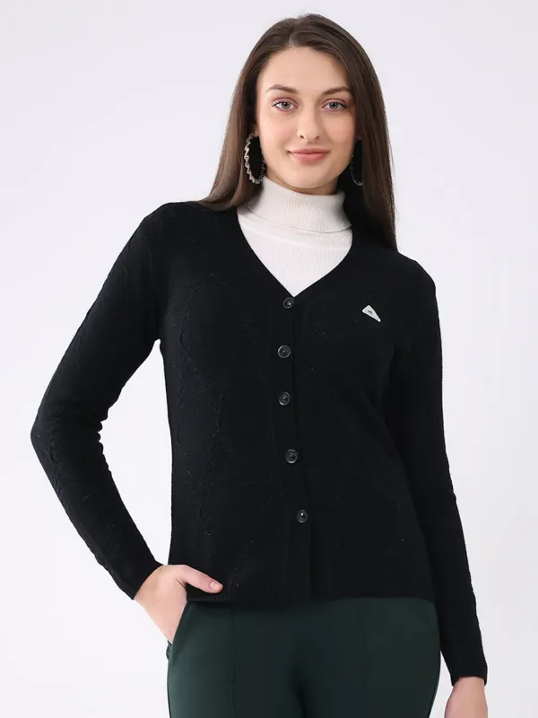 Women Black Solid V Neck Full Sleeve Cardigan sold by Monte Carlo