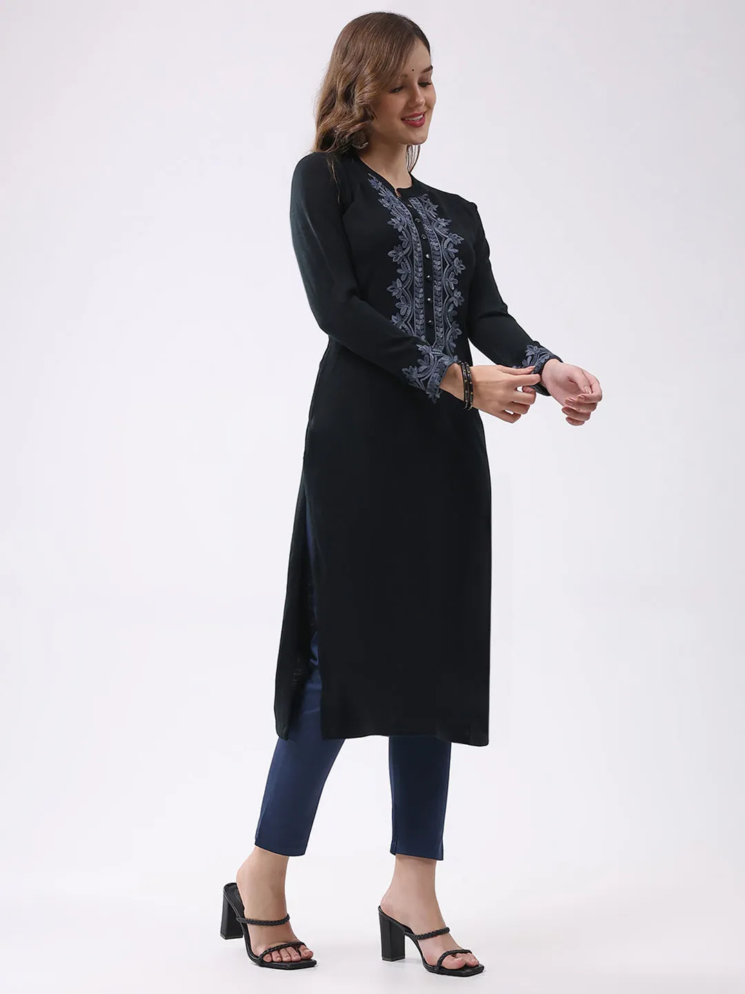 Women Black Self Design Round Neck Full Sleeve Winter Kurti sold by Monte Carlo product image thumbnail 4