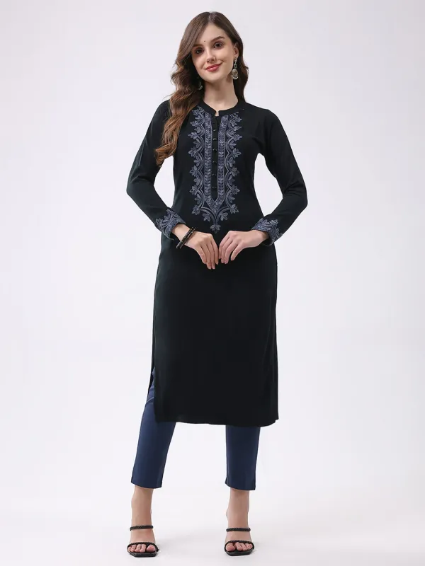 Women Black Self Design Round Neck Full Sleeve Winter Kurti made by Monte Carlo