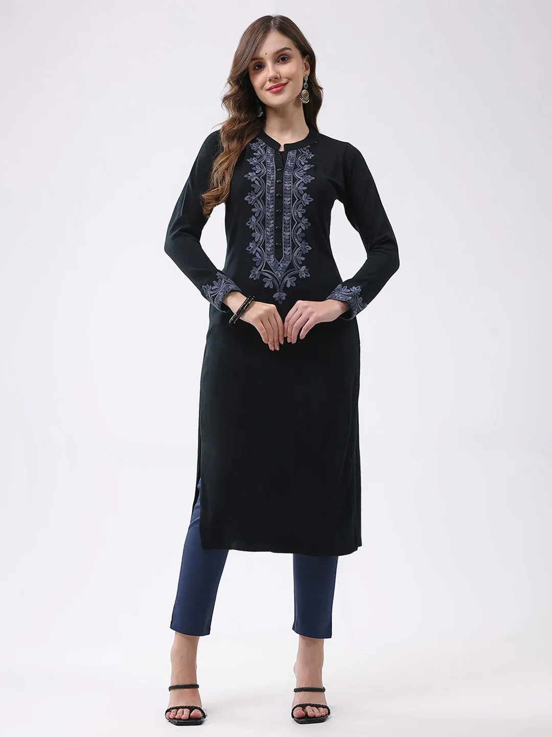Women Black Self Design Round Neck Full Sleeve Winter Kurti sold by Monte Carlo