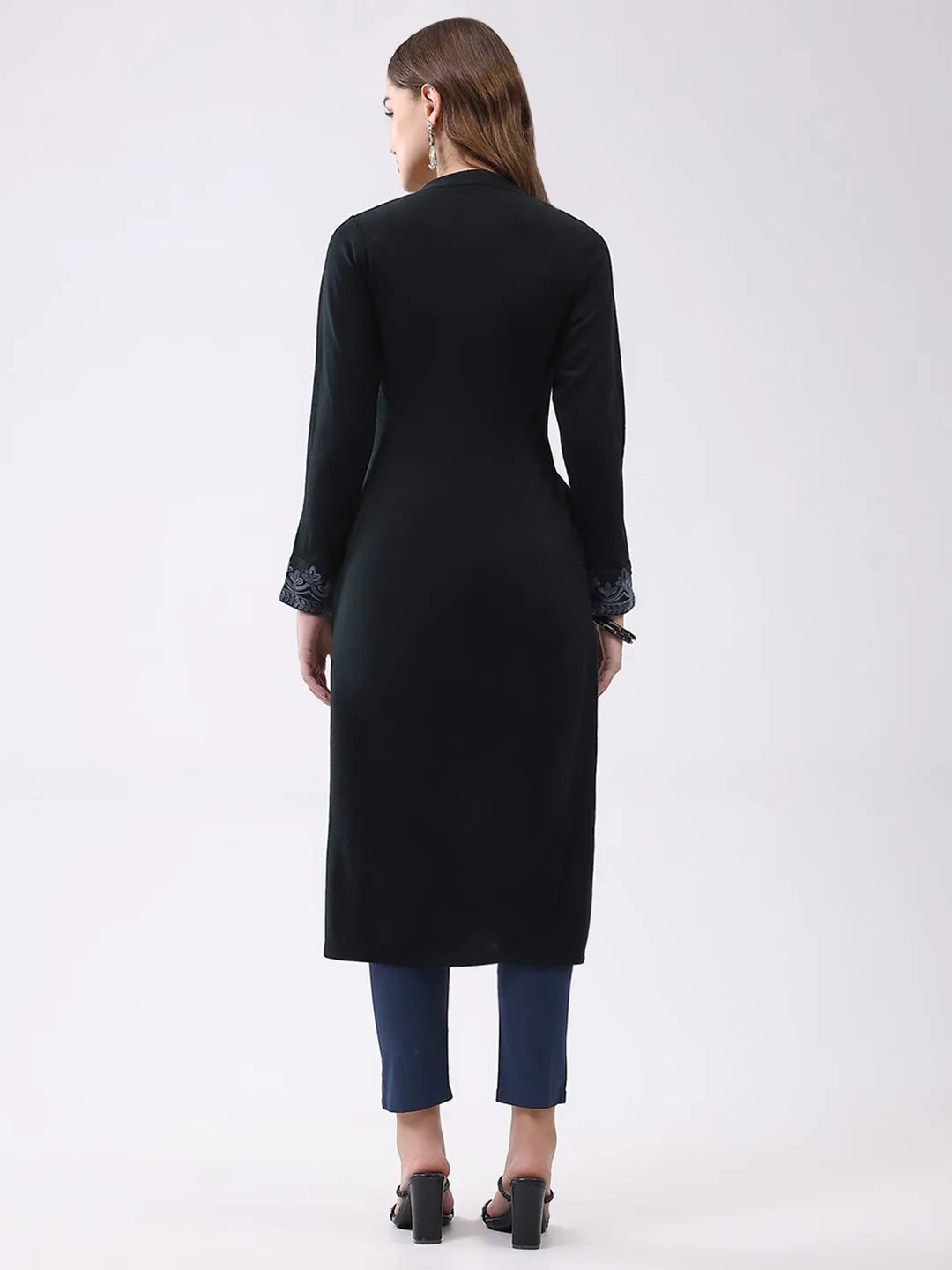 Women Black Self Design Round Neck Full Sleeve Winter Kurti sold by Monte Carlo product image thumbnail 5