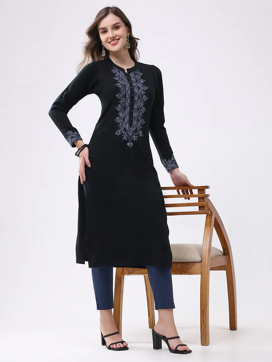 Women Black Self Design Round Neck Full Sleeve Winter Kurti sold by Monte Carlo product image thumbnail 2