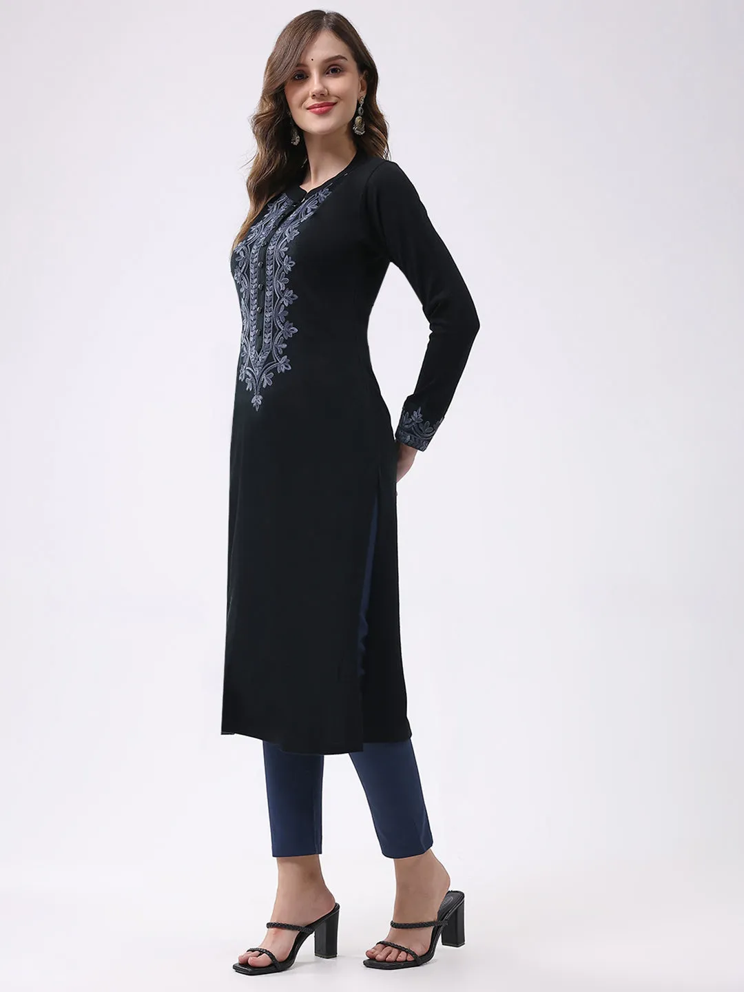 Women Black Self Design Round Neck Full Sleeve Winter Kurti sold by Monte Carlo product image thumbnail 3
