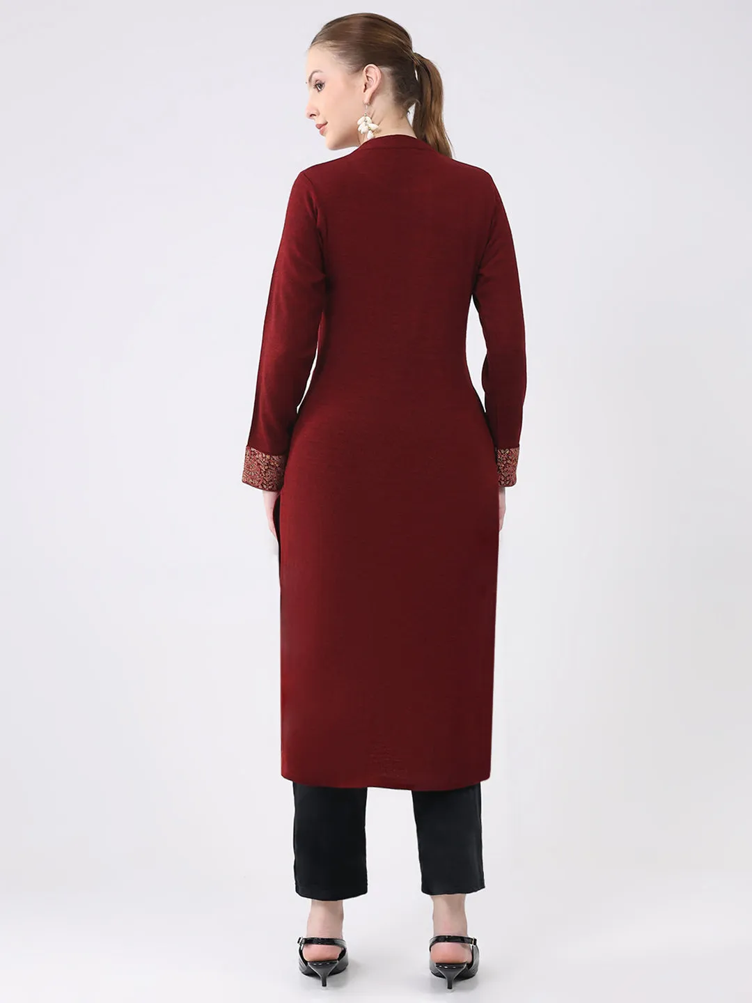 Women Maroon Printed Round Neck Full Sleeve Winter Kurti sold by Monte Carlo product image thumbnail 5