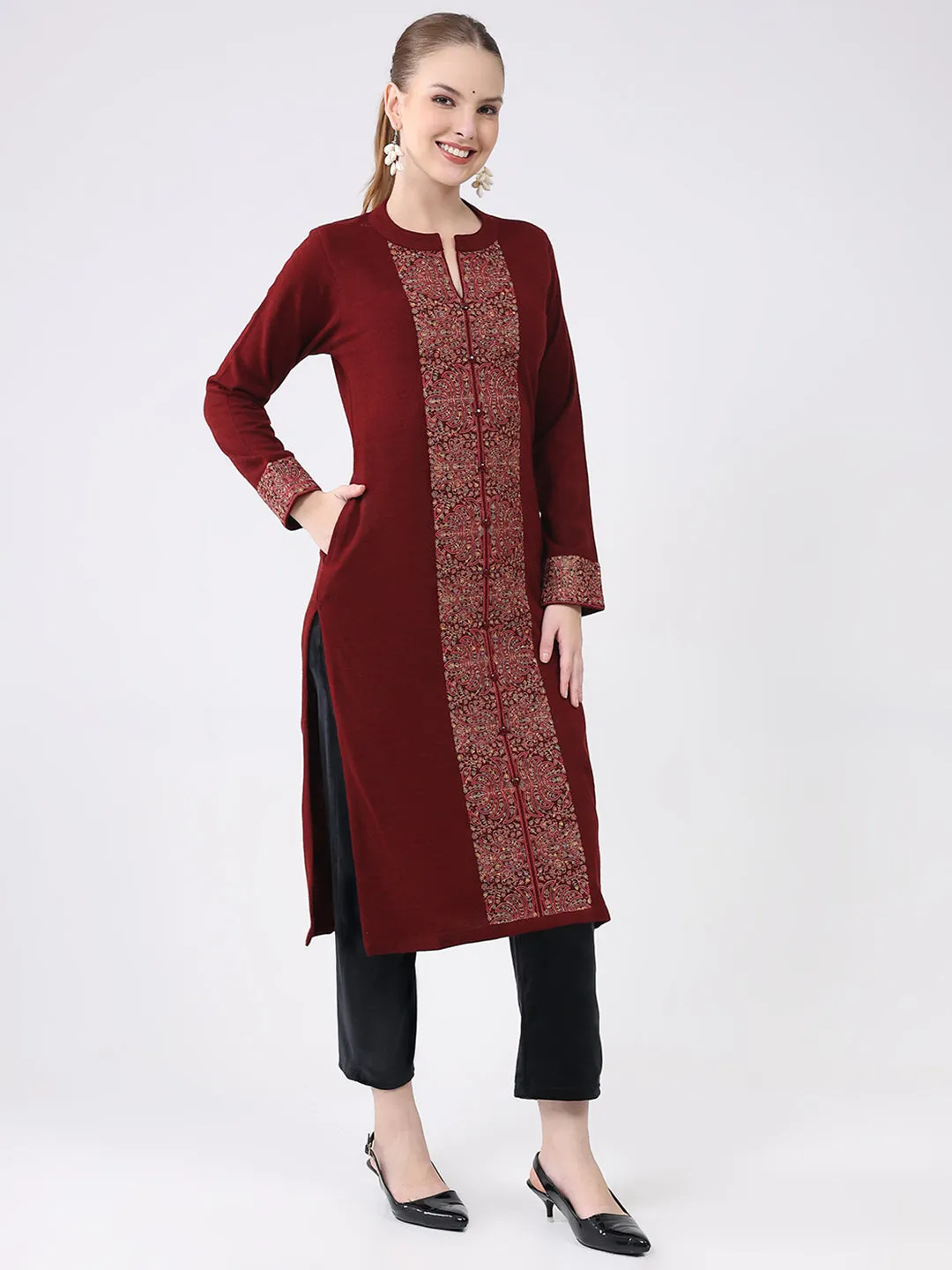 Women Maroon Printed Round Neck Full Sleeve Winter Kurti sold by Monte Carlo product image thumbnail 4