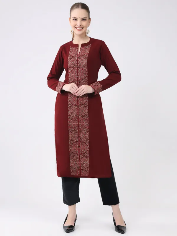 Women Maroon Printed Round Neck Full Sleeve Winter Kurti sold by Monte Carlo