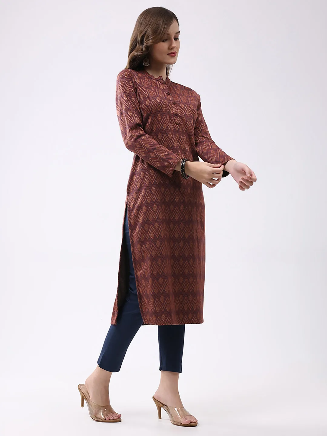Women Rust Self Design Round Neck Full Sleeve Winter Kurti sold by Monte Carlo product image thumbnail 4