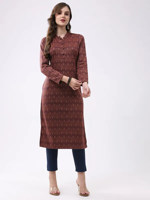 Women Rust Self Design Round Neck Full Sleeve Winter Kurti sold by Monte Carlo