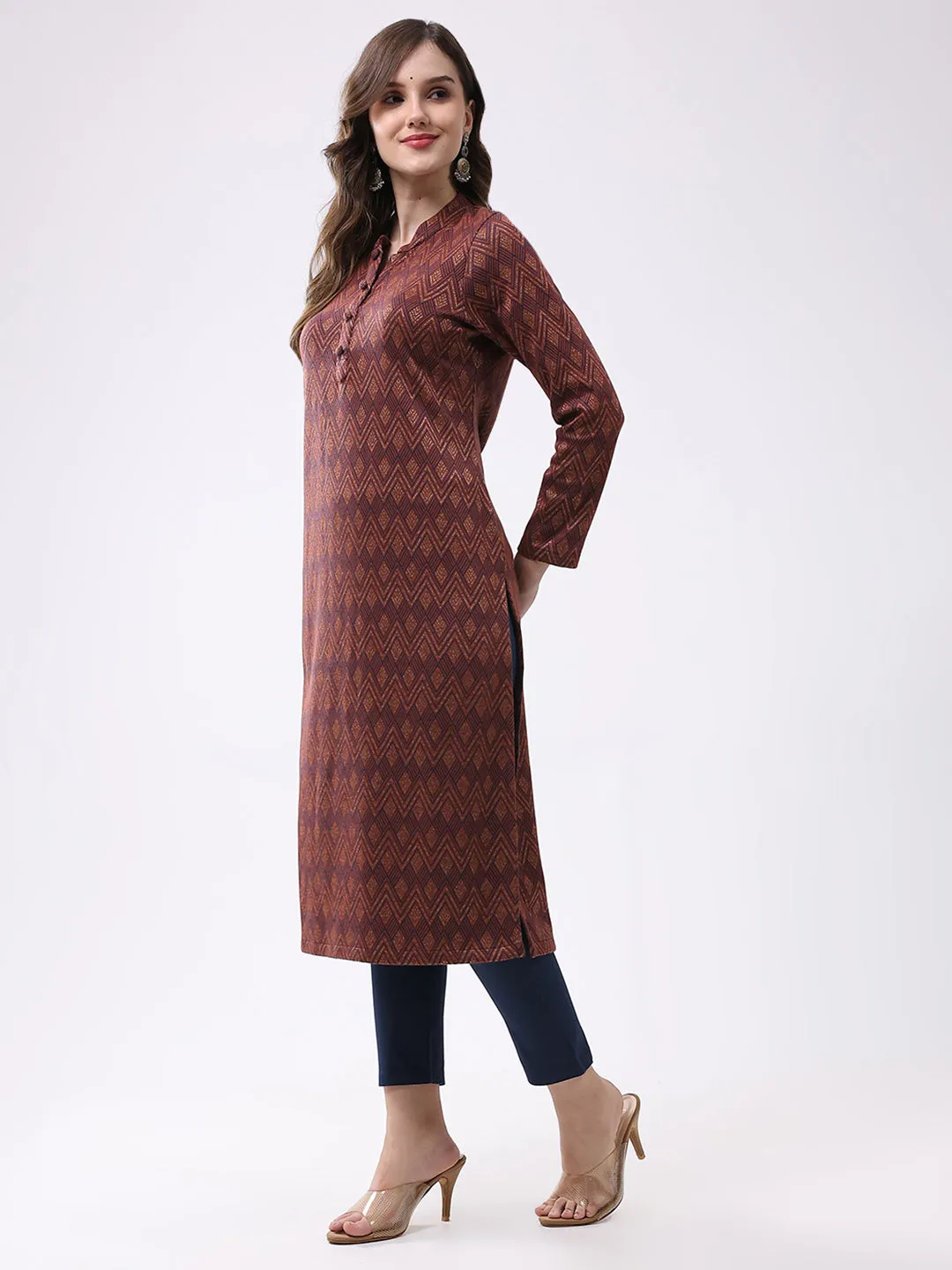 Women Rust Self Design Round Neck Full Sleeve Winter Kurti sold by Monte Carlo product image thumbnail 3