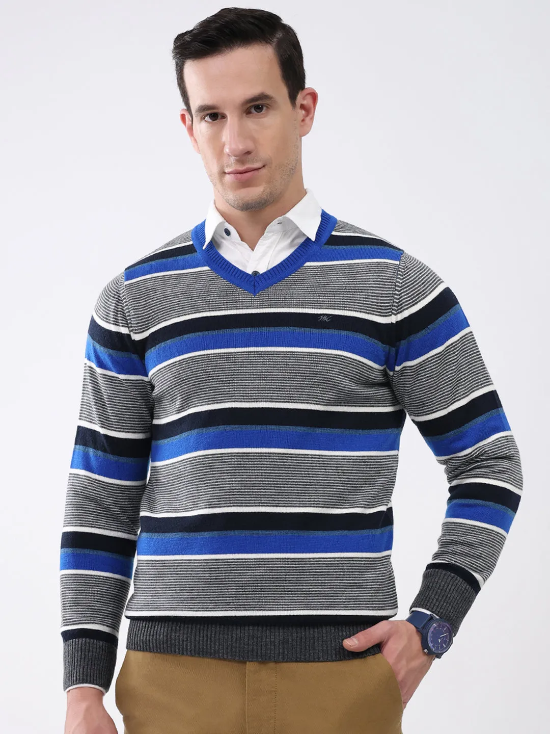 Men Blue & Grey Stripe V Neck Full Sleeve Pullover sold by Monte Carlo