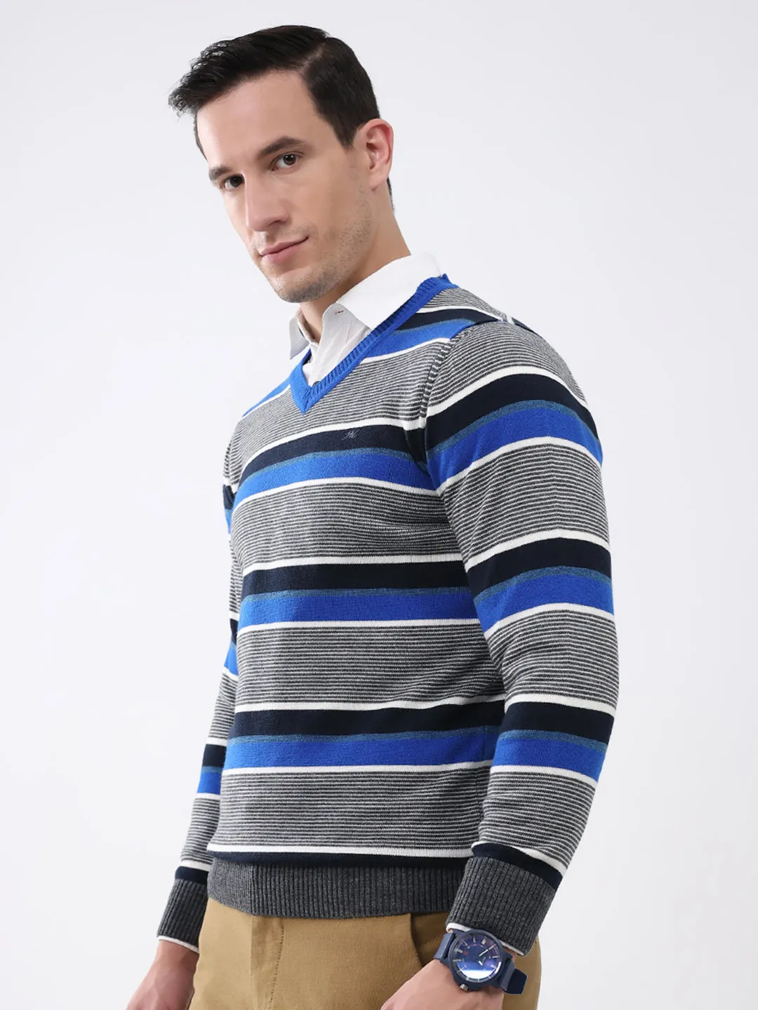 Men Blue & Grey Stripe V Neck Full Sleeve Pullover sold by Monte Carlo product image thumbnail 3