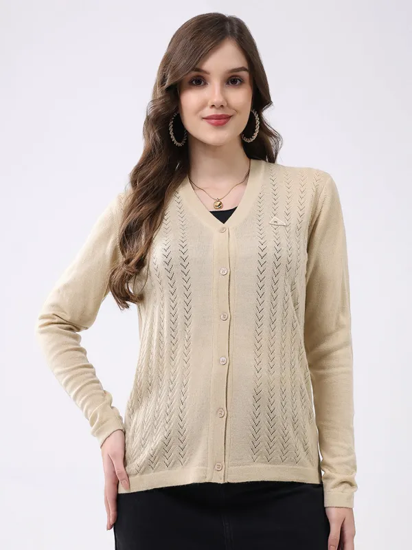 Women Beige Self Design V Neck Full Sleeve Cardigan sold by Monte Carlo