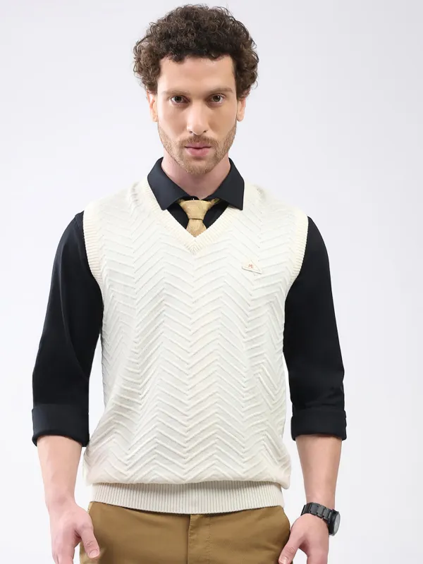 Men White Self Design V Neck Sleeveless Sweater sold by Monte Carlo