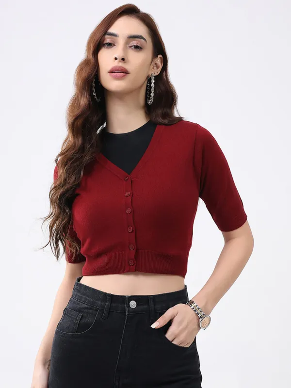 Women Maroon Solid V Neck Half Sleeve Cardigan sold by Monte Carlo