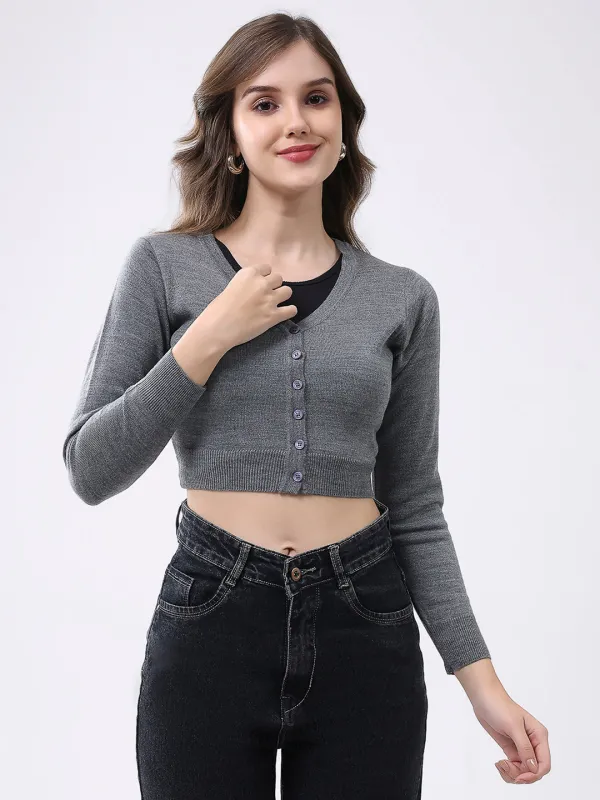 Women Grey Solid V Neck Full Sleeve Cardigan sold by Monte Carlo