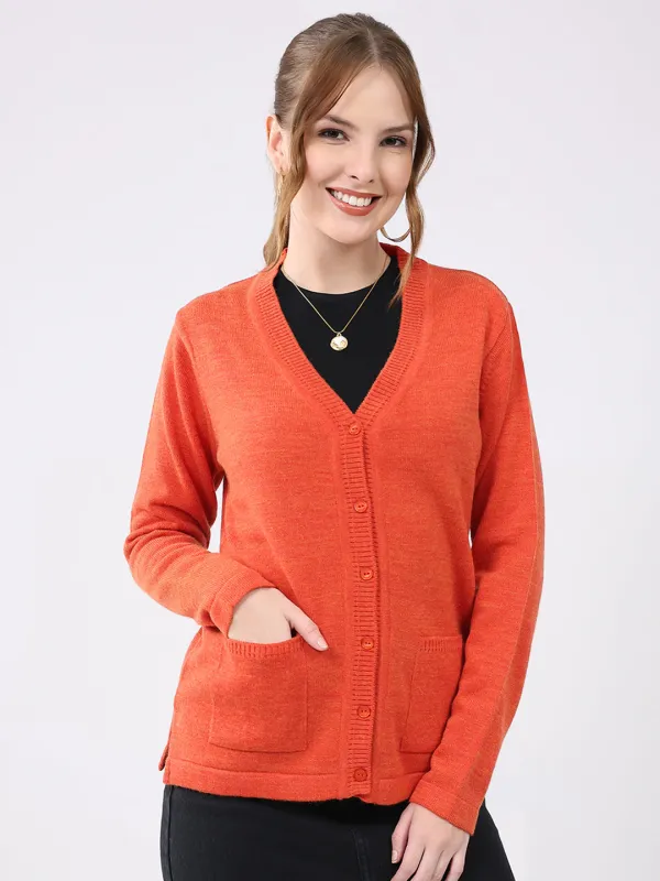 Women Orange Solid V Neck Full Sleeve Cardigan sold by Monte Carlo
