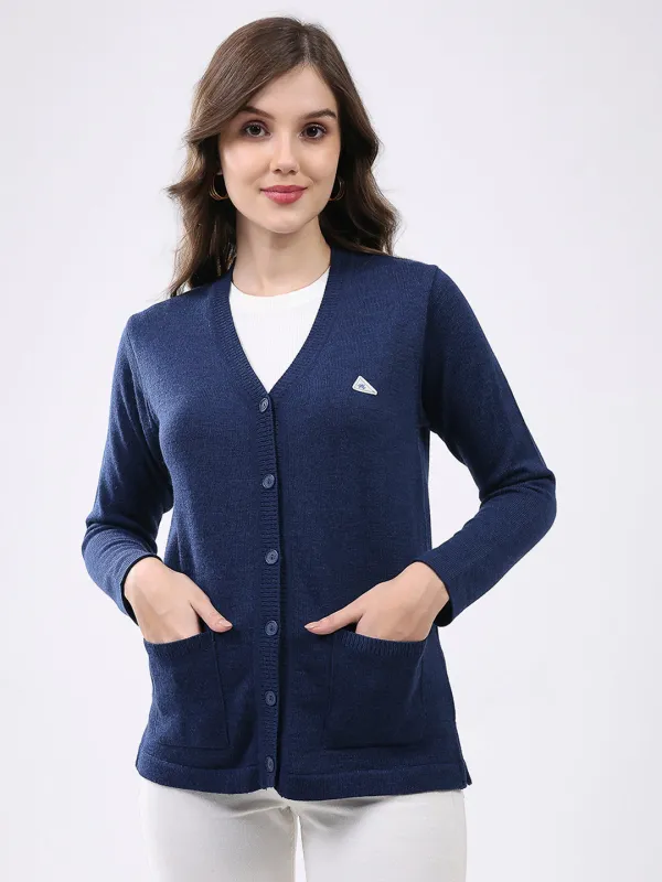 Women Navy Blue Solid V Neck Full Sleeve Cardigan sold by Monte Carlo