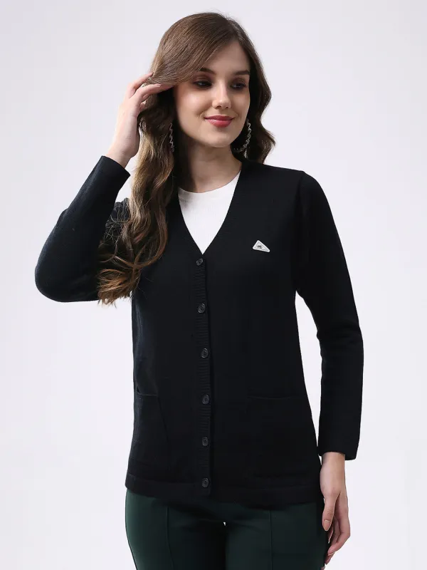 Women Black Solid V Neck Full Sleeve Cardigan sold by Monte Carlo