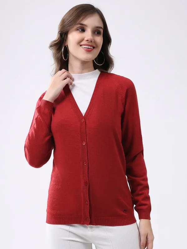Women Red Solid V Neck Full Sleeve Cardigan sold by Monte Carlo