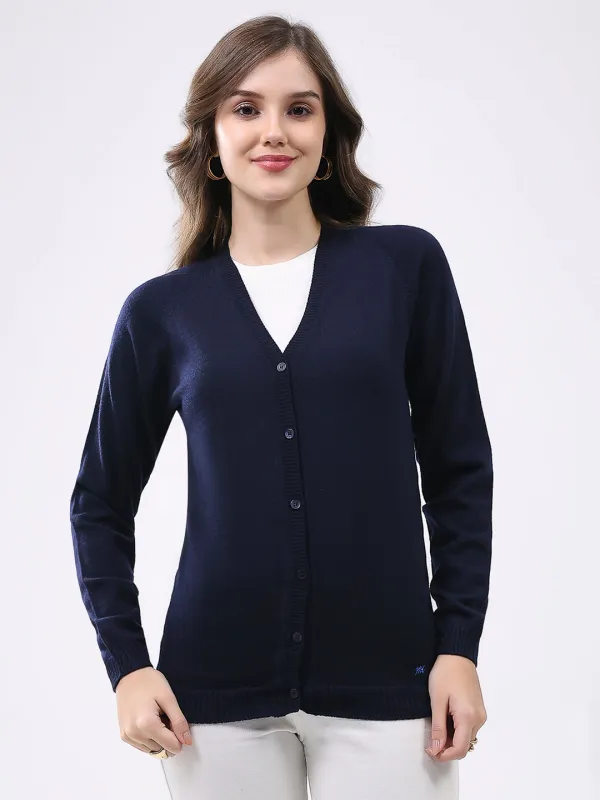 Women Navy Blue Solid V Neck Full Sleeve Cardigan sold by Monte Carlo