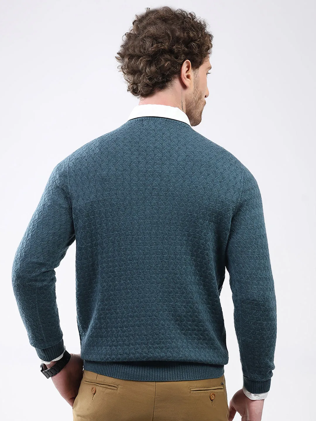 Luxuria Men Teal Blue Self Design V Neck Full Sleeve Pullover sold by Monte Carlo product image thumbnail 5