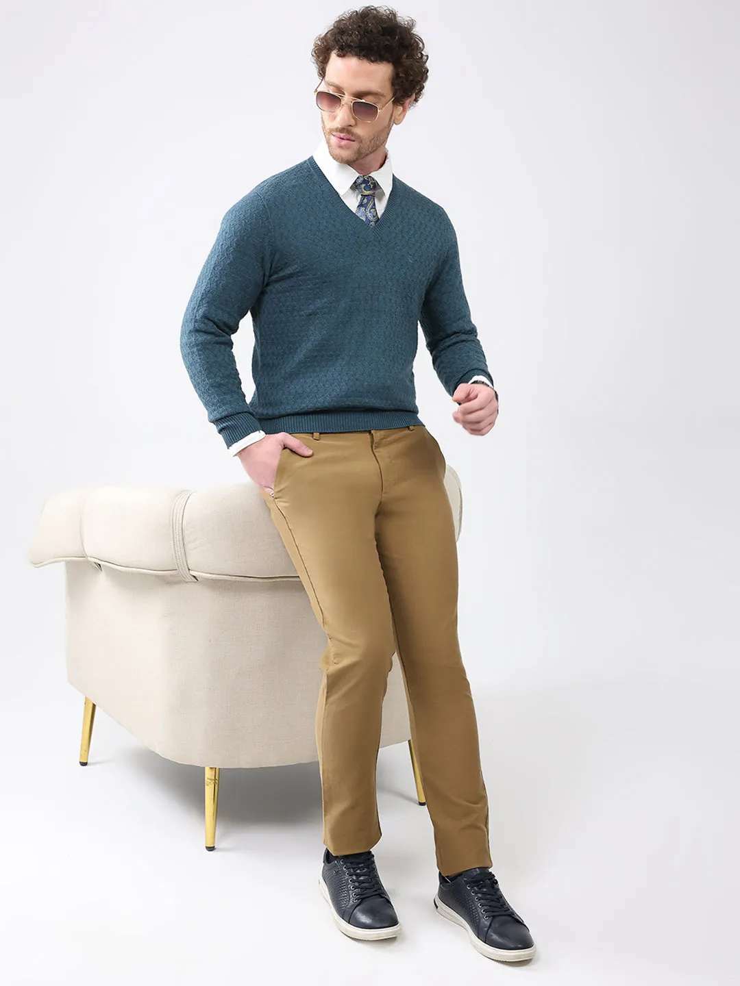 Luxuria Men Teal Blue Self Design V Neck Full Sleeve Pullover sold by Monte Carlo product image thumbnail 2