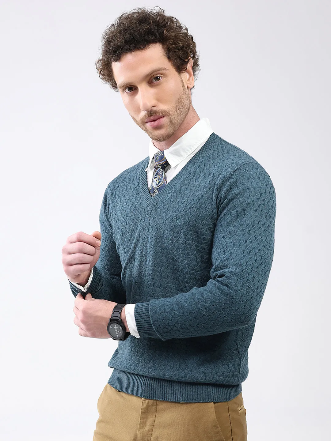 Luxuria Men Teal Blue Self Design V Neck Full Sleeve Pullover sold by Monte Carlo product image thumbnail 3