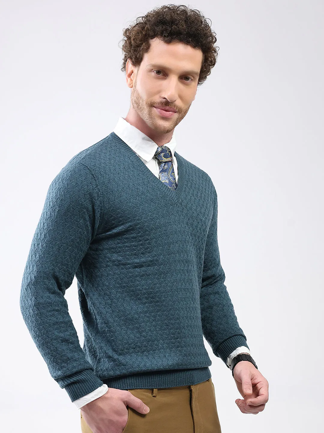 Luxuria Men Teal Blue Self Design V Neck Full Sleeve Pullover sold by Monte Carlo product image thumbnail 4