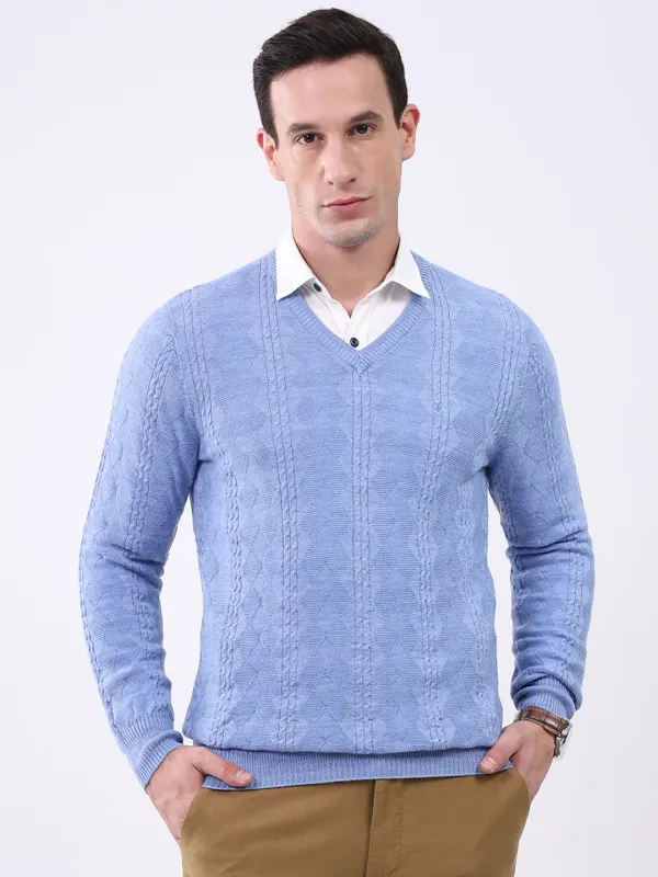 Luxuria Men Blue Self Design V Neck Full Sleeve Pullover sold by Monte Carlo