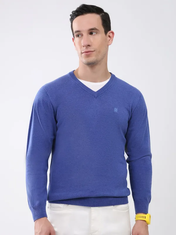 Men Blue Solid V Neck Full Sleeve Pullover made by Monte Carlo