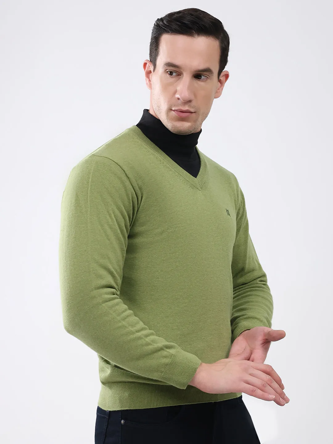 Men Green Solid V Neck Full Sleeve Pullover sold by Monte Carlo product image thumbnail 4
