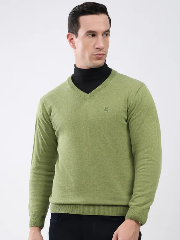 Men Green Solid V Neck Full Sleeve Pullover made by Monte Carlo