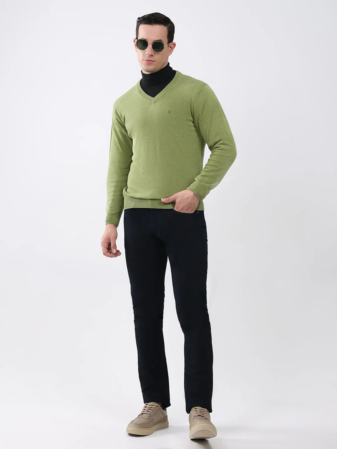 Men Green Solid V Neck Full Sleeve Pullover sold by Monte Carlo product image thumbnail 2