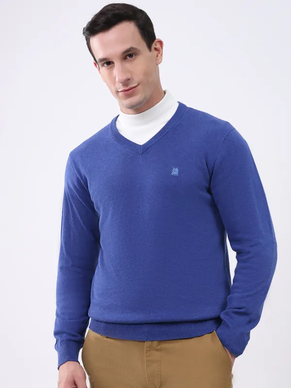 Men Blue Solid V Neck Full Sleeve Pullover sold by Monte Carlo