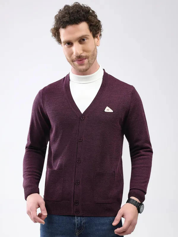 Men Purple Solid V Neck Full Sleeve Cardigan sold by Monte Carlo