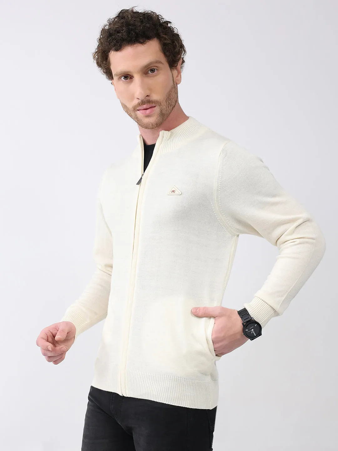 Men Cream Solid Mock Neck Full Sleeve Pullover sold by Monte Carlo product image thumbnail 4