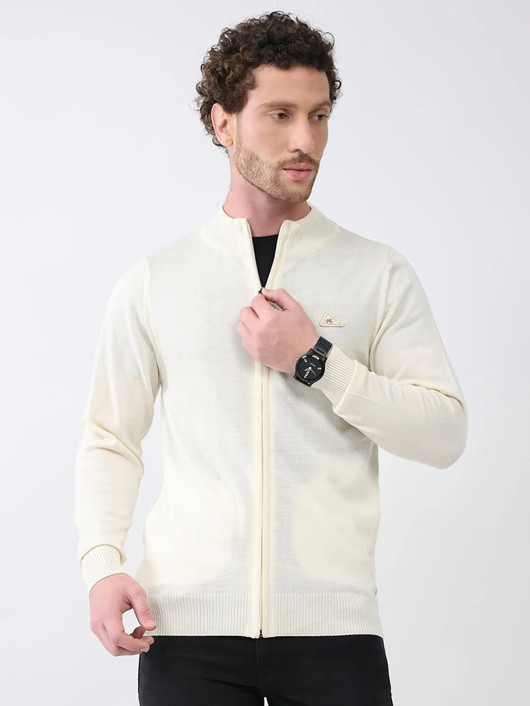 Men Cream Solid Mock Neck Full Sleeve Pullover sold by Monte Carlo