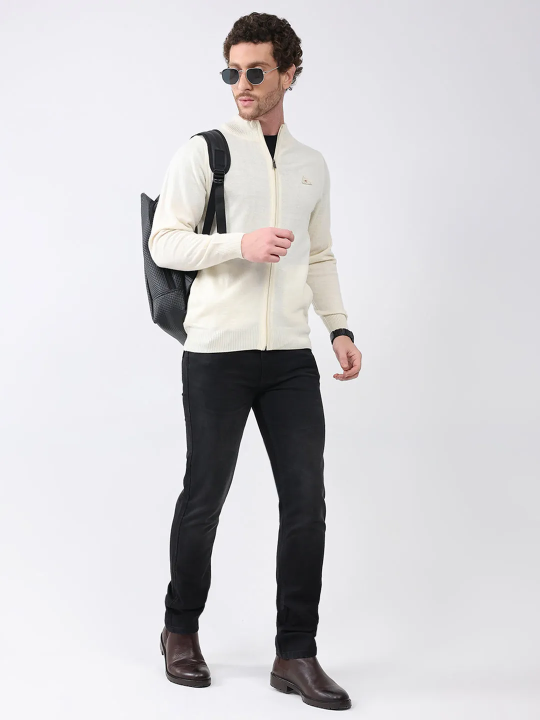 Men Cream Solid Mock Neck Full Sleeve Pullover sold by Monte Carlo product image thumbnail 2