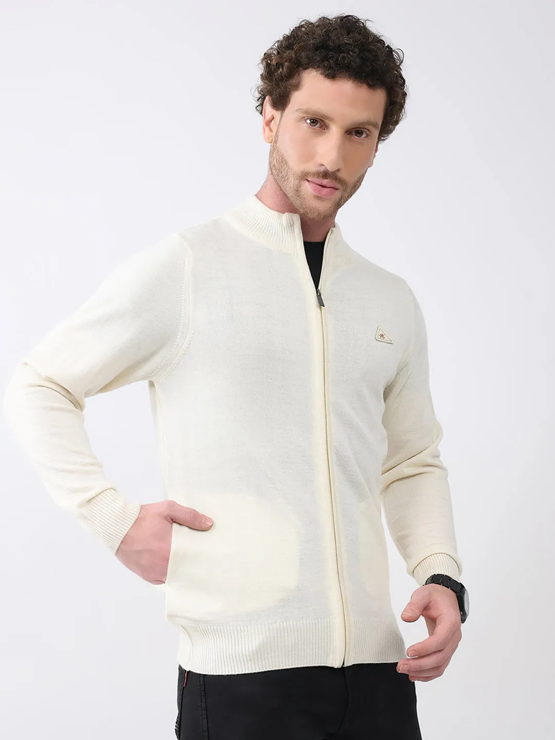 Men Cream Solid Mock Neck Full Sleeve Pullover sold by Monte Carlo product image thumbnail 3