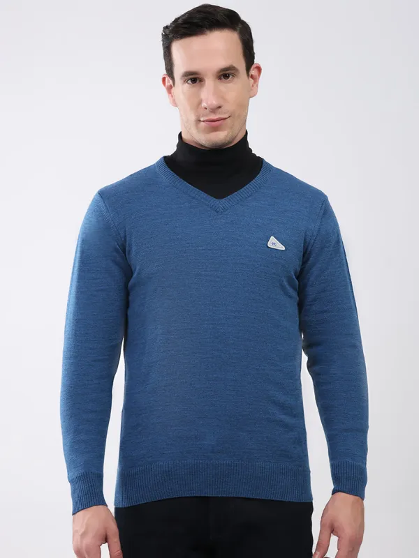 Men Blue Solid V Neck Full Sleeve Pullover made by Monte Carlo
