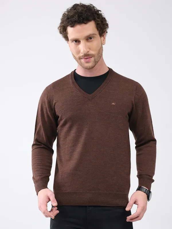 Men Brown Solid V Neck Full Sleeve Pullover made by Monte Carlo