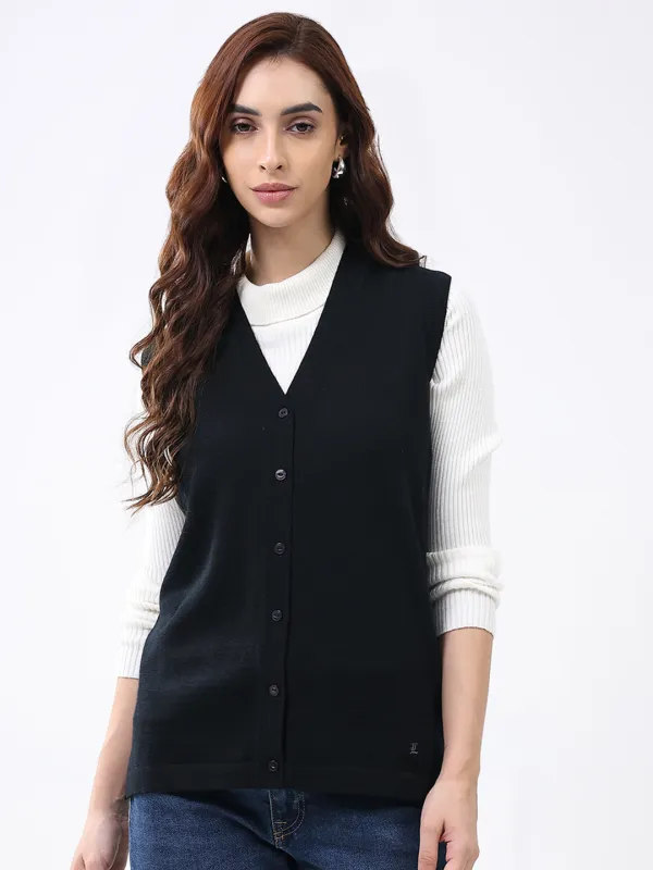 Luxuria Women Black Solid V Neck Sleeveless Cardigan sold by Monte Carlo