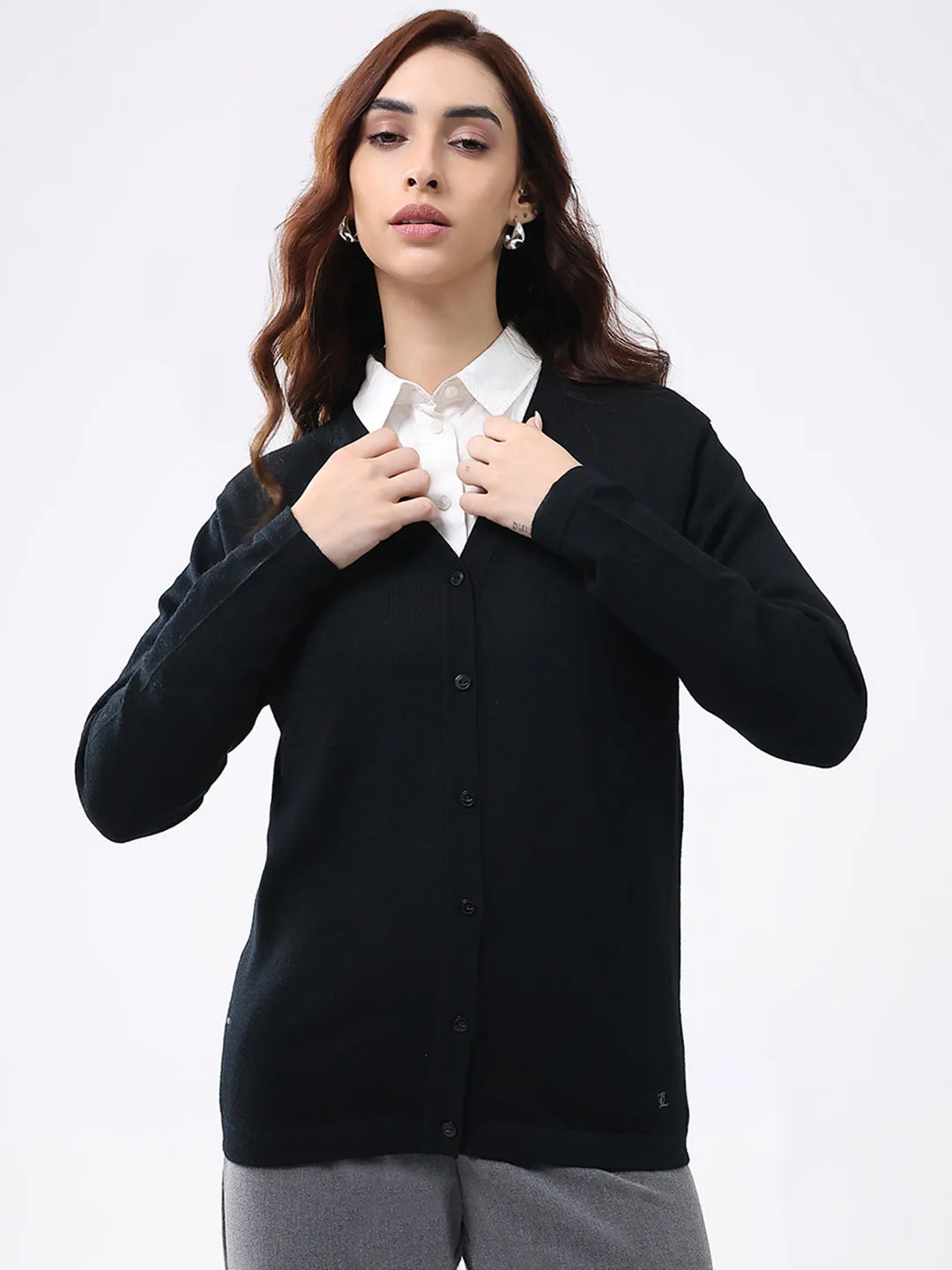 Luxuria Women Black Solid V Neck Full Sleeve Cardigan sold by Monte Carlo