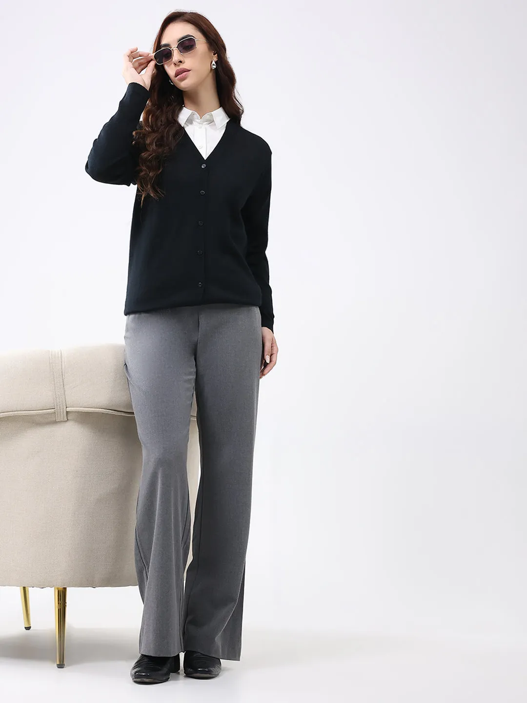 Luxuria Women Black Solid V Neck Full Sleeve Cardigan sold by Monte Carlo product image thumbnail 2