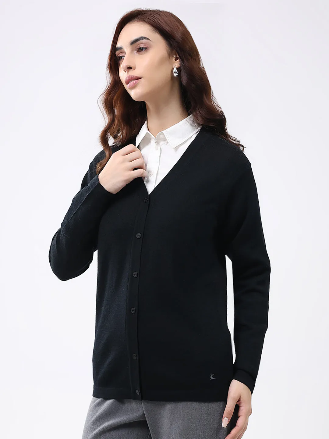 Luxuria Women Black Solid V Neck Full Sleeve Cardigan sold by Monte Carlo product image thumbnail 3