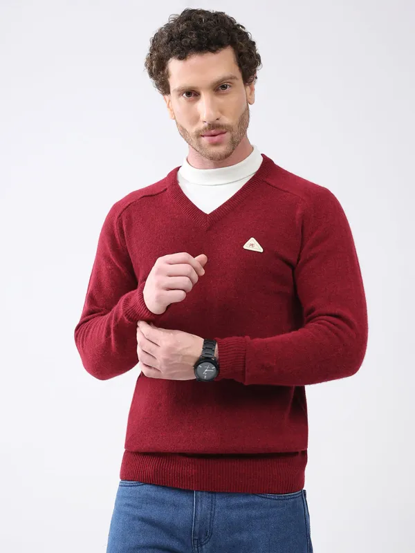 Men Maroon Solid V Neck Full Sleeve Pullover made by Monte Carlo