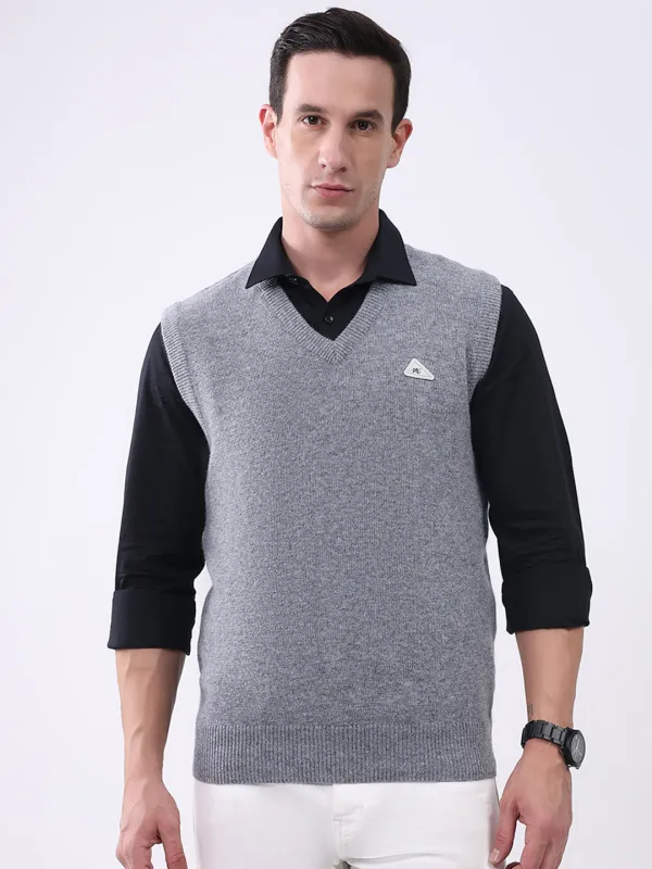 Men Grey Solid V Neck Sleeveless Sweater made by Monte Carlo