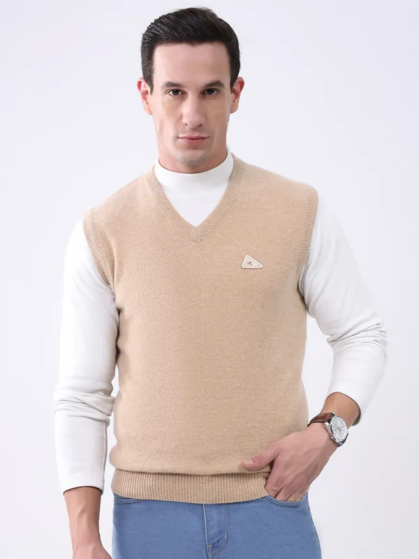 Men Beige Solid V Neck Sleeveless Sweater sold by Monte Carlo