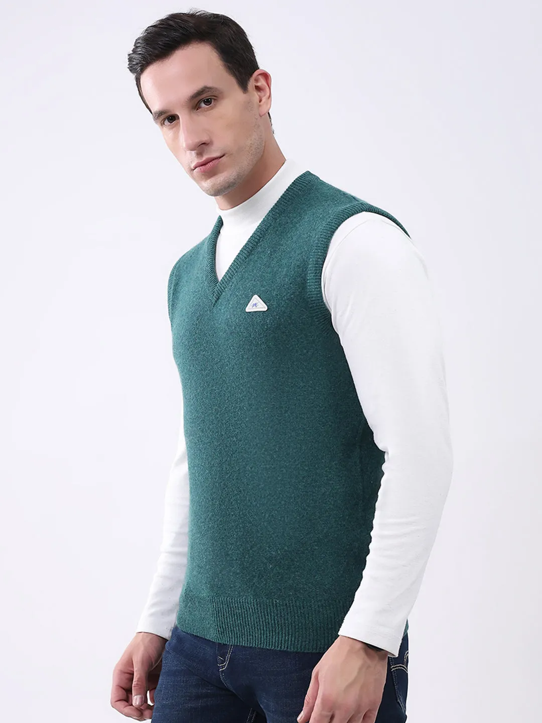 Men Green Solid V Neck Sleeveless Sweater sold by Monte Carlo product image thumbnail 3